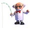 3d mad scientist professor character fishing with a rod
