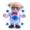 3d Mad scientist professor character studying an atom