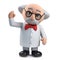 3d Mad scientist professor character waves a cheerful greeting