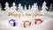 3d magical cartoon of Christmas tale with magnificent shiny inscription Happy New Year and christmas gifts in winter