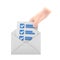 3d mail envelope icon with task management todo check list in hand holding. Minimal email letter with letter paper read,