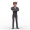 3D male character in business suit stands thoughtfully. Finding right solution, concentration