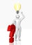 3d male leans against question mark and points to a lightbulb above his head