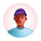 3D man avatar, black young student portrait, vector character cartoon face, hat, circle.