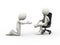 3d man begging to seated boss on chair