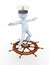 3d man with captain cap ride on rudder ship steering wheel