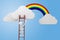 3d man climbing on a ladder, clouds and rainbow competitive concept