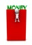 3d man hanging at the edge of ther box next to money text concept