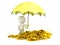 3D Man holding Umbrella over Pile of Gold Coins