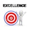 3d man with perfectly aimed arrows on target board _ excellence text concept