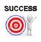 3d man with perfectly aimed arrows on target board _ success text concept