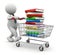 3d man with shopping trolley and books