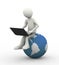 3d man sitting on globe with laptop