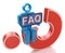 3d man sitting on red question mark holds word faq