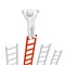 3d man standing on the top of longest ladder and holding hands up.