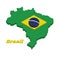 3D Map outline of Brazil, a green field with the large yellow diamond and blue globe with National Motto and star