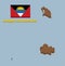 3D Map outline and flag of Antigua and Barbuda, A horizontal tricolor of black, blue and white, with two red triangles. On the