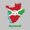 3D Map outline and flag of Burundi, A white diagonal cross divided into four panels of red and green and three star in the white