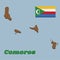 3D Map outline and flag of Comoros, Four horizontal stripes of yellow, white, red and blue with a green chevron with a white