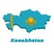 3D Map outline and flag of Kazakhstan, A gold sun above eagle on blue field. The hoist side displays a national ornamental pattern
