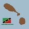 3d Map outline and flag of Saint Kitts and Nevis. A yellow edged black diagonal with star, the upper triangle is green and the