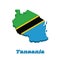 3D Map outline and flag of Tanzania, A yellow-edged black diagonal band: the upper triangle is green and the lower triangle is