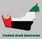 3D Map outline and flag of UAE, a horizontal tricolor of green, white and black with a vertical one fourth width red bar at the