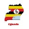 3D Map outline and flag of Uganda, horizontal bands of black yellow and red; a white disc depicts the national symbol, a grey