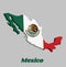 3D Map outline of Mexico and the country name, a vertical tricolor of green white and red with the nation Coat of Arms