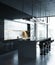 3d masculine dark minimal industrial kitchen with concrete and glossy details and a view to palm tree