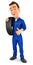 3d mechanic carrying tire on shoulder