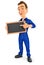 3d mechanic standing with slate chalkboard