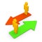3d men standings on arrows with opposite directions.
