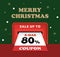3d merry christmas coupon giveaway banner template with coupon comming out of box. Special sale event, up to 80 percent