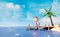 3d miniature cartoon boy character  trip island with backpack, wooden bridge leading into the sea on a bright day, palm tree, sea