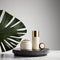 3D Minimal dark marble podium with monstera leaf for luxury organic cosmetic, skincare, body care, beauty treatment. Advertisement