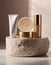 3D Minimal studio gray stone podium with mockups for women\\\'s luxury organic cosmetic, skincare, body care, beauty treatment.