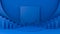 3d minimalist scene mockup in trendy classic blue color. Geometric shapes studio room, empty platform podium, staircase, columns,