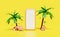 3d mobile phone, smartphone with beach chair, Inflatable flamingo, palm tree, lifebuoy, water splash isolated on yellow background