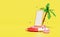 3d mobile phone, smartphone with cylinder podium, Inflatable flamingo, palm tree, lifebuoy, water splash isolated on yellow
