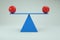 3d model of balancing red balls on a scale. Blue balancing scales with red balls on a white isolated background. Close