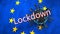 3D model of blue Coronavirus on a EU flag background with Lockdown word