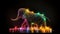 3d model of a colorful Elephant in different colors on black background, in the style of made of wire, light white and orange.