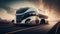 3d model of futuristic electric truck on highway. Future city background. Electric automobile. AI generated