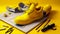 3d model of pair of yellow shoes on table. Generative AI