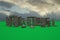 3D models of ancient ruined stone ruins stand on a green floor, grass, against the sky. 3d image of ancient ruins in