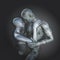 3D modern art background with couple embracing - one metallic silver and one rusty metal
