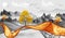 3d modern canvas art mural wallpaper landscape lake background. golden christmas tree,  gray mountains, sun with clouds and birds