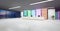 3d Modern colored gradient glass walls reception lobby. Realistic 3d rendering