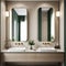 3d modern contemporary chic beige bathroom with two rectangle brass mirrors and a green cabin